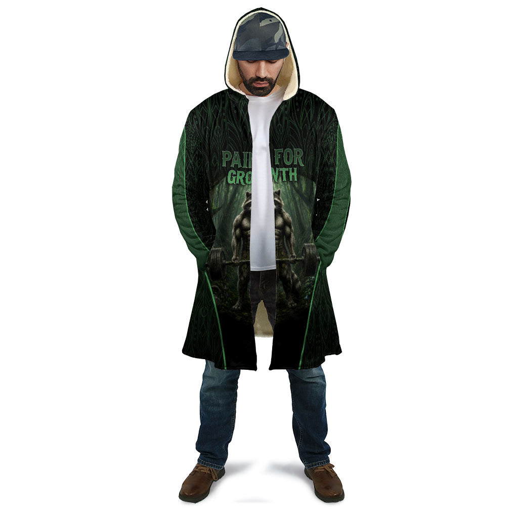 Personalized Muscular Raccoon Weightlifting Cloak Pain For Growth Dark Fantasy Gym Graphic