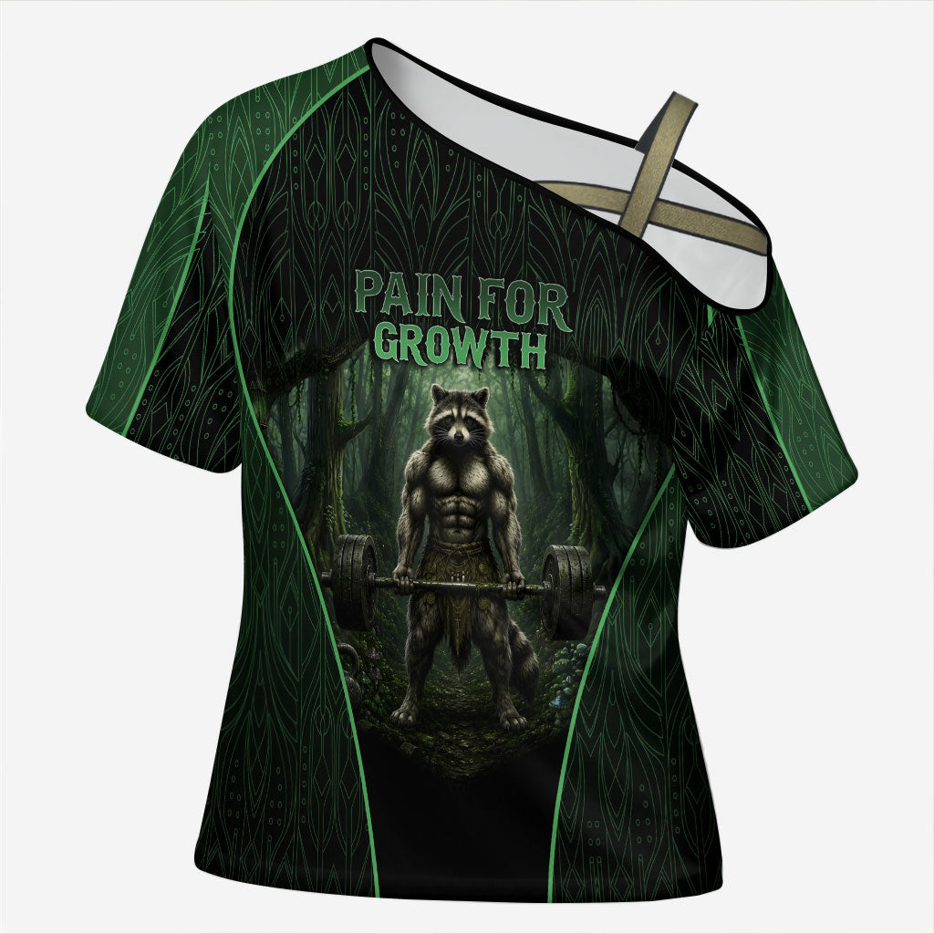 Personalized Muscular Raccoon Weightlifting Cross Shoulder Shirt Pain For Growth Dark Fantasy Gym Graphic