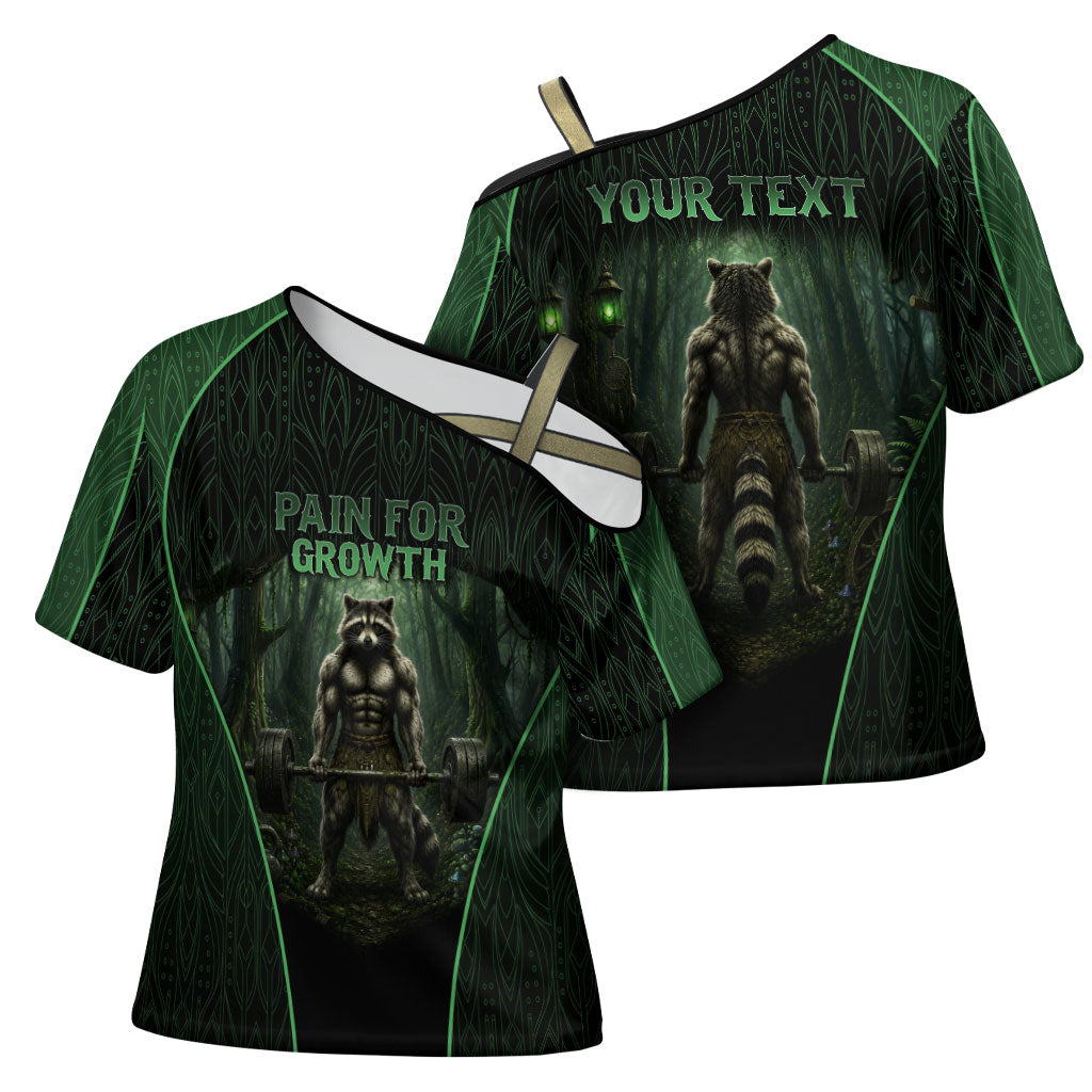 Personalized Muscular Raccoon Weightlifting Cross Shoulder Shirt Pain For Growth Dark Fantasy Gym Graphic