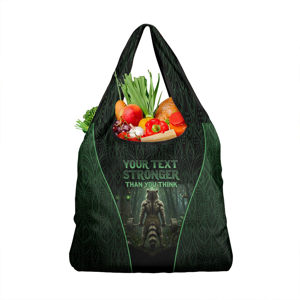 Personalized Muscular Raccoon Weightlifting Grocery Bag Pain For Growth Dark Fantasy Gym Graphic