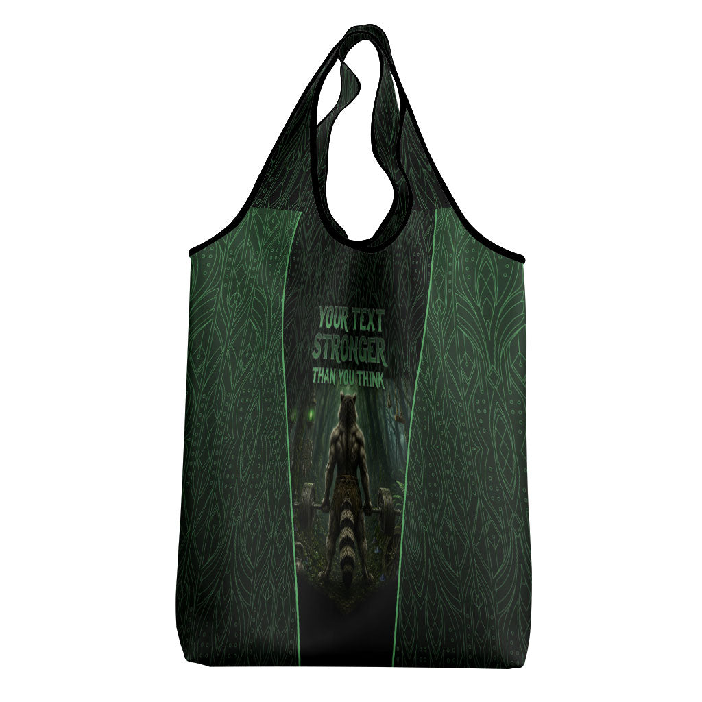 Personalized Muscular Raccoon Weightlifting Grocery Bag Pain For Growth Dark Fantasy Gym Graphic