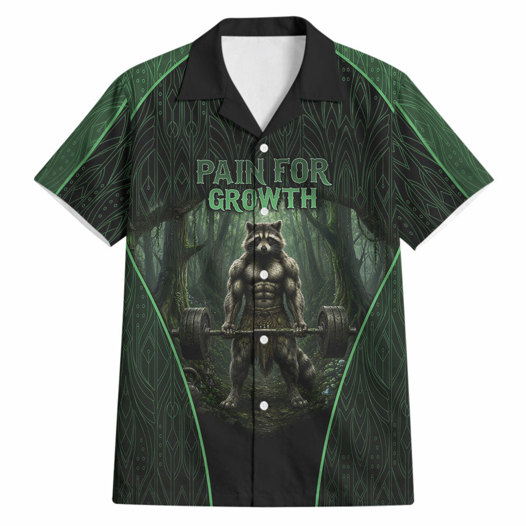 Personalized Muscular Raccoon Weightlifting Hawaiian Shirt Pain For Growth Dark Fantasy Gym Graphic