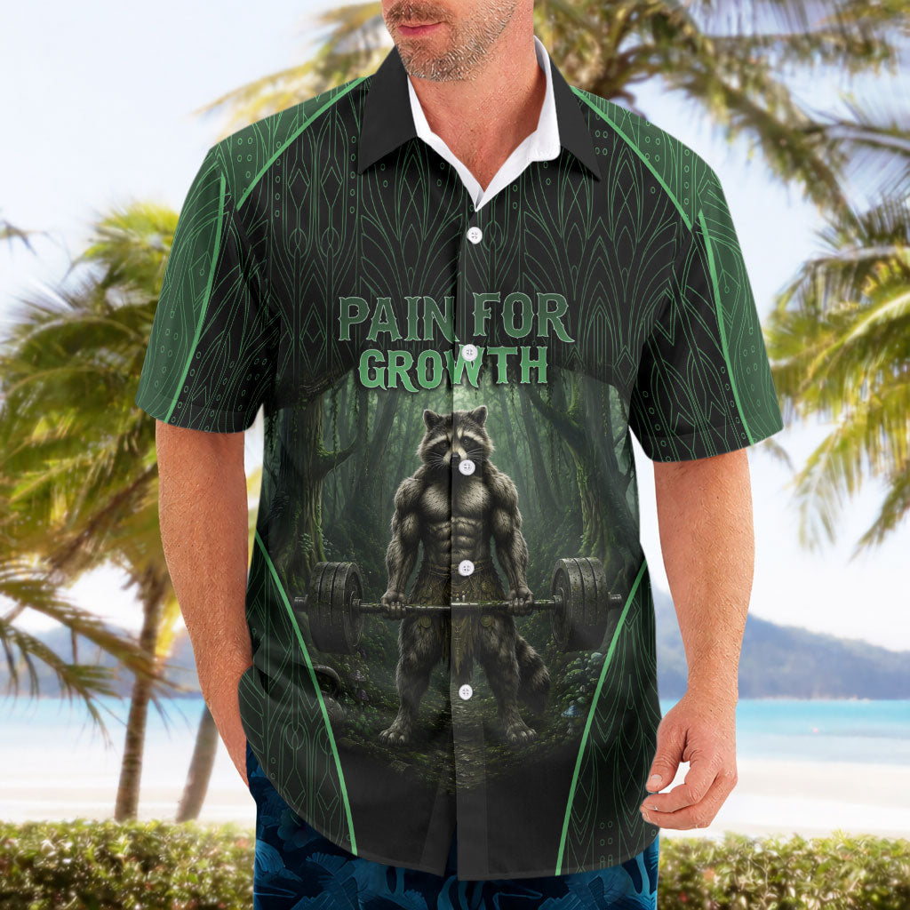 Personalized Muscular Raccoon Weightlifting Hawaiian Shirt Pain For Growth Dark Fantasy Gym Graphic