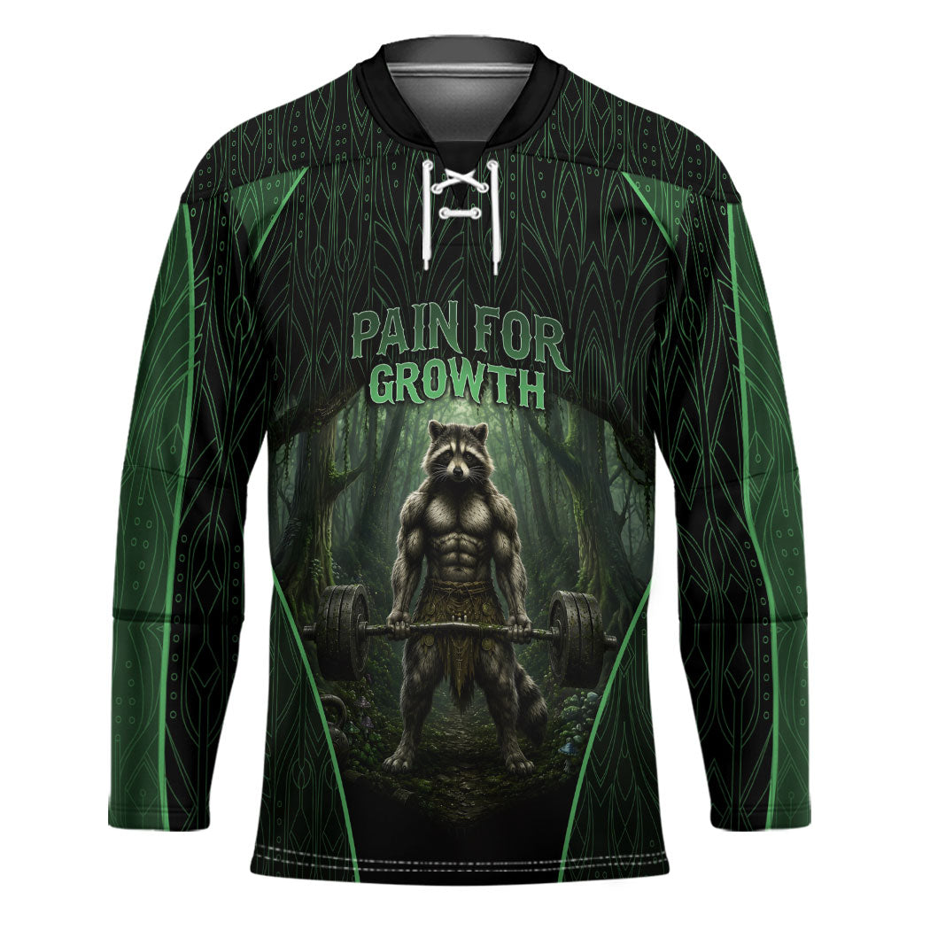 Personalized Muscular Raccoon Weightlifting Hockey Jersey Pain For Growth Dark Fantasy Gym Graphic
