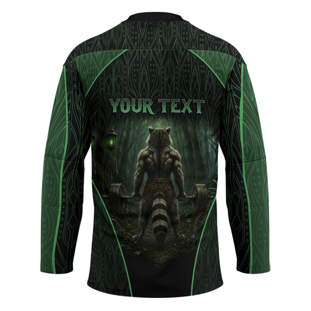 Personalized Muscular Raccoon Weightlifting Hockey Jersey Pain For Growth Dark Fantasy Gym Graphic
