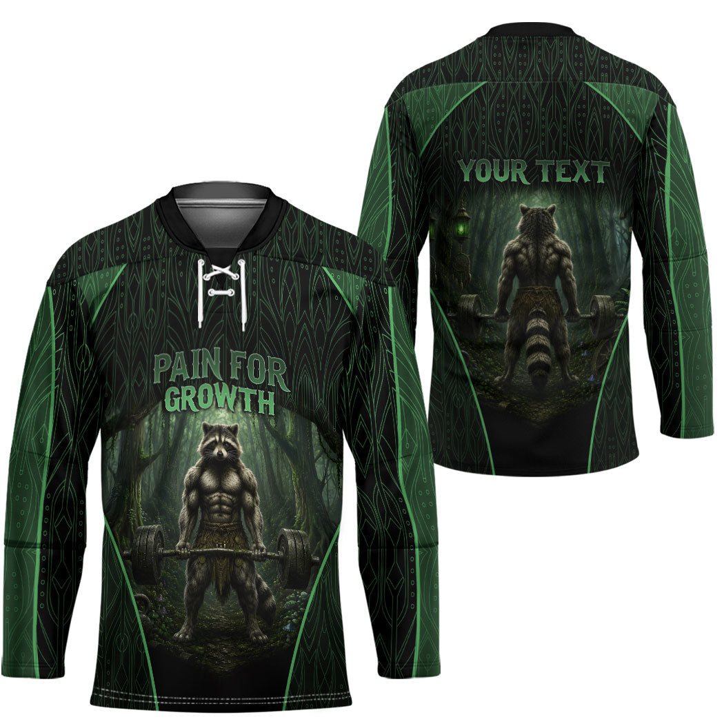 Personalized Muscular Raccoon Weightlifting Hockey Jersey Pain For Growth Dark Fantasy Gym Graphic