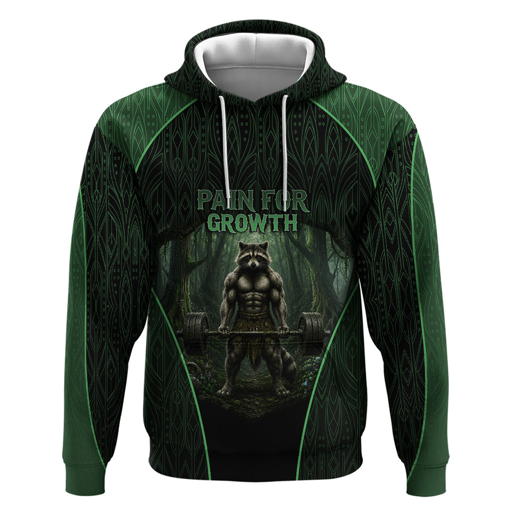 Personalized Muscular Raccoon Weightlifting Hoodie Pain For Growth Dark Fantasy Gym Graphic
