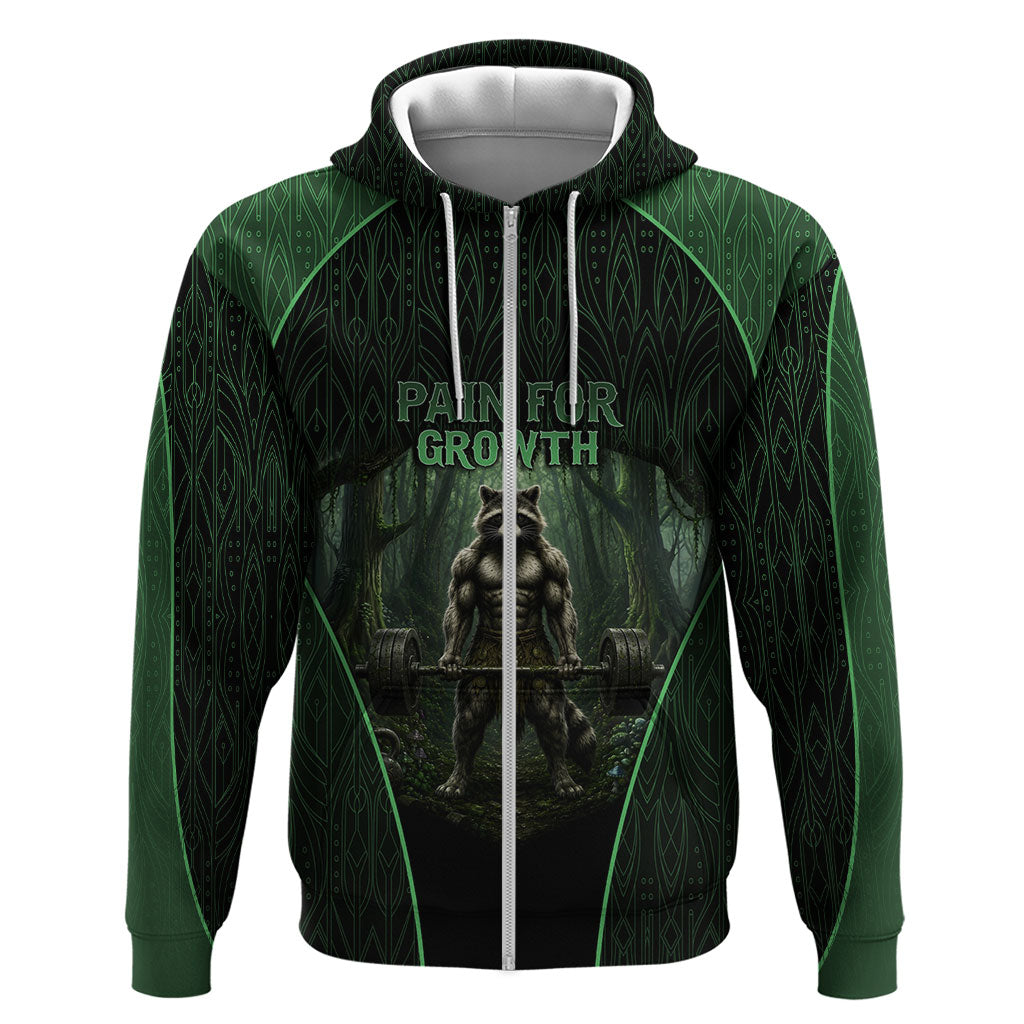 Personalized Muscular Raccoon Weightlifting Hoodie Pain For Growth Dark Fantasy Gym Graphic