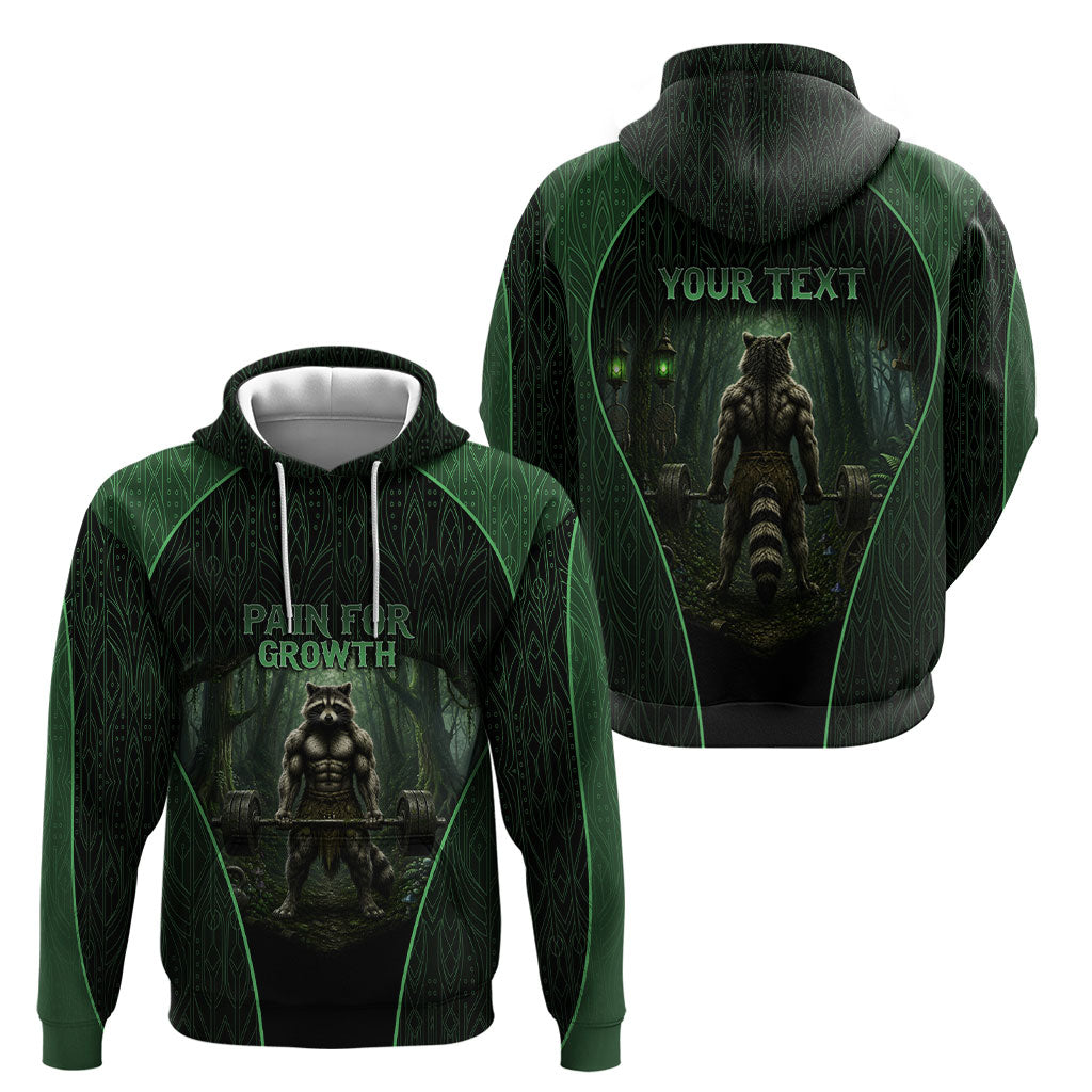 Personalized Muscular Raccoon Weightlifting Hoodie Pain For Growth Dark Fantasy Gym Graphic