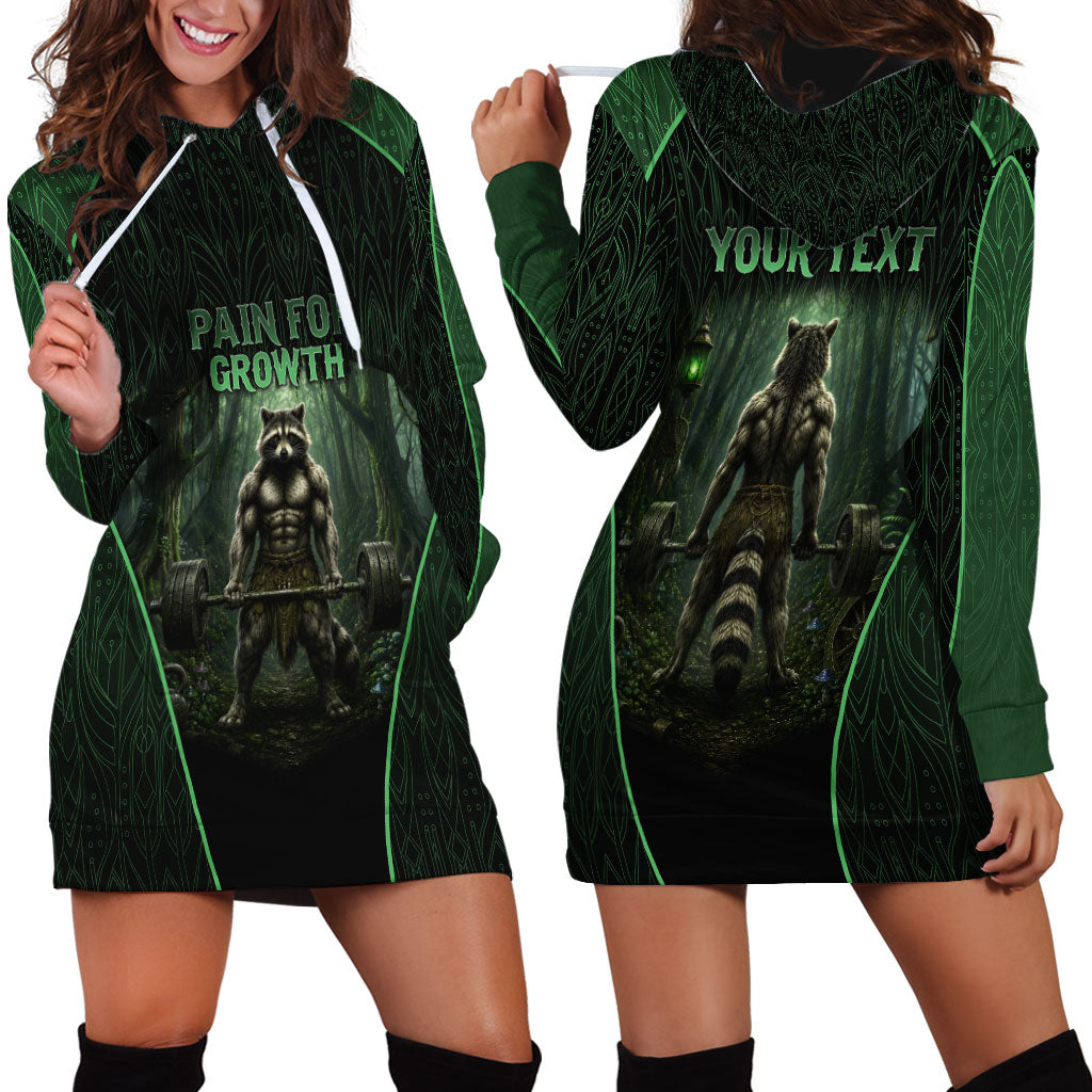 Personalized Muscular Raccoon Weightlifting Hoodie Dress Pain For Growth Dark Fantasy Gym Graphic