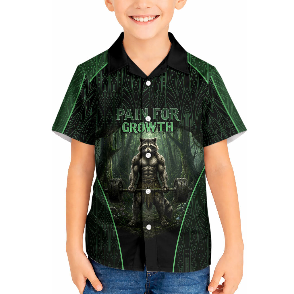 Personalized Muscular Raccoon Weightlifting Kid Hawaiian Shirt Pain For Growth Dark Fantasy Gym Graphic