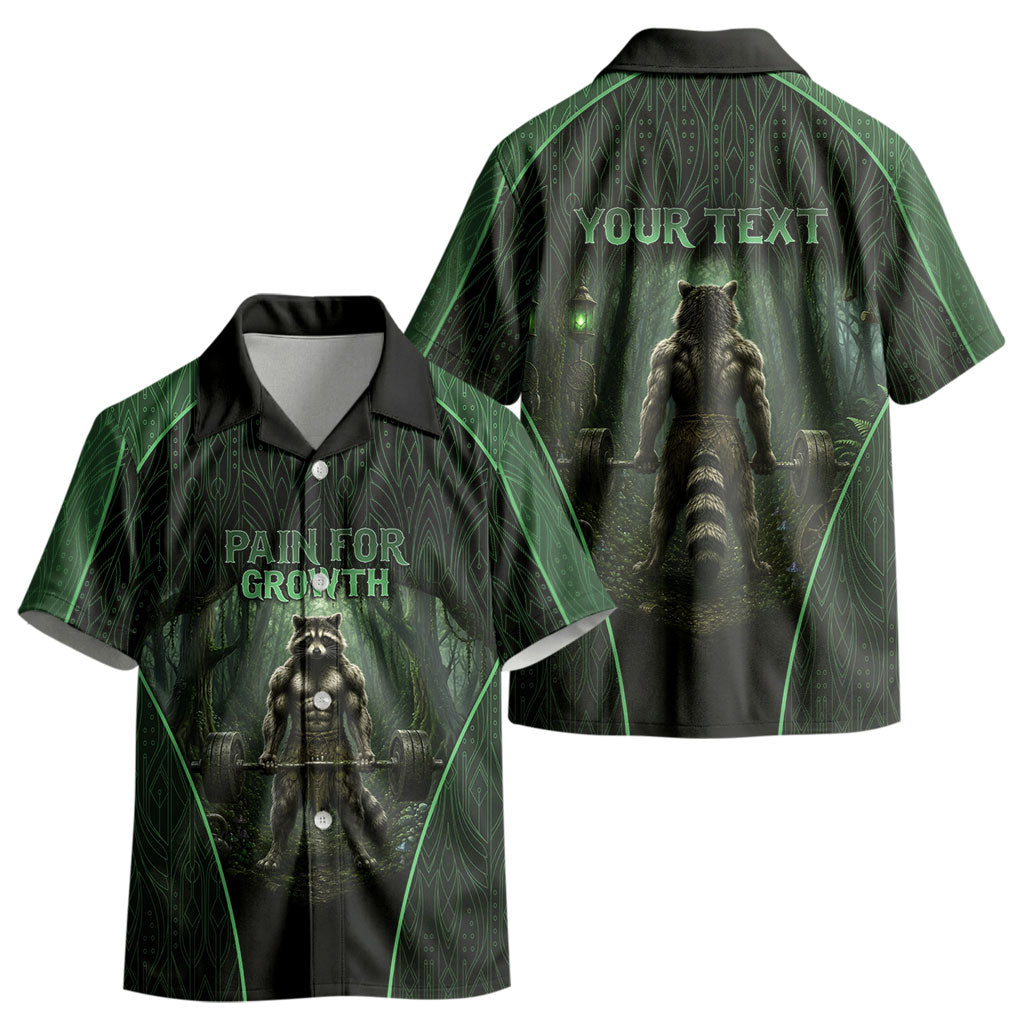 Personalized Muscular Raccoon Weightlifting Kid Hawaiian Shirt Pain For Growth Dark Fantasy Gym Graphic