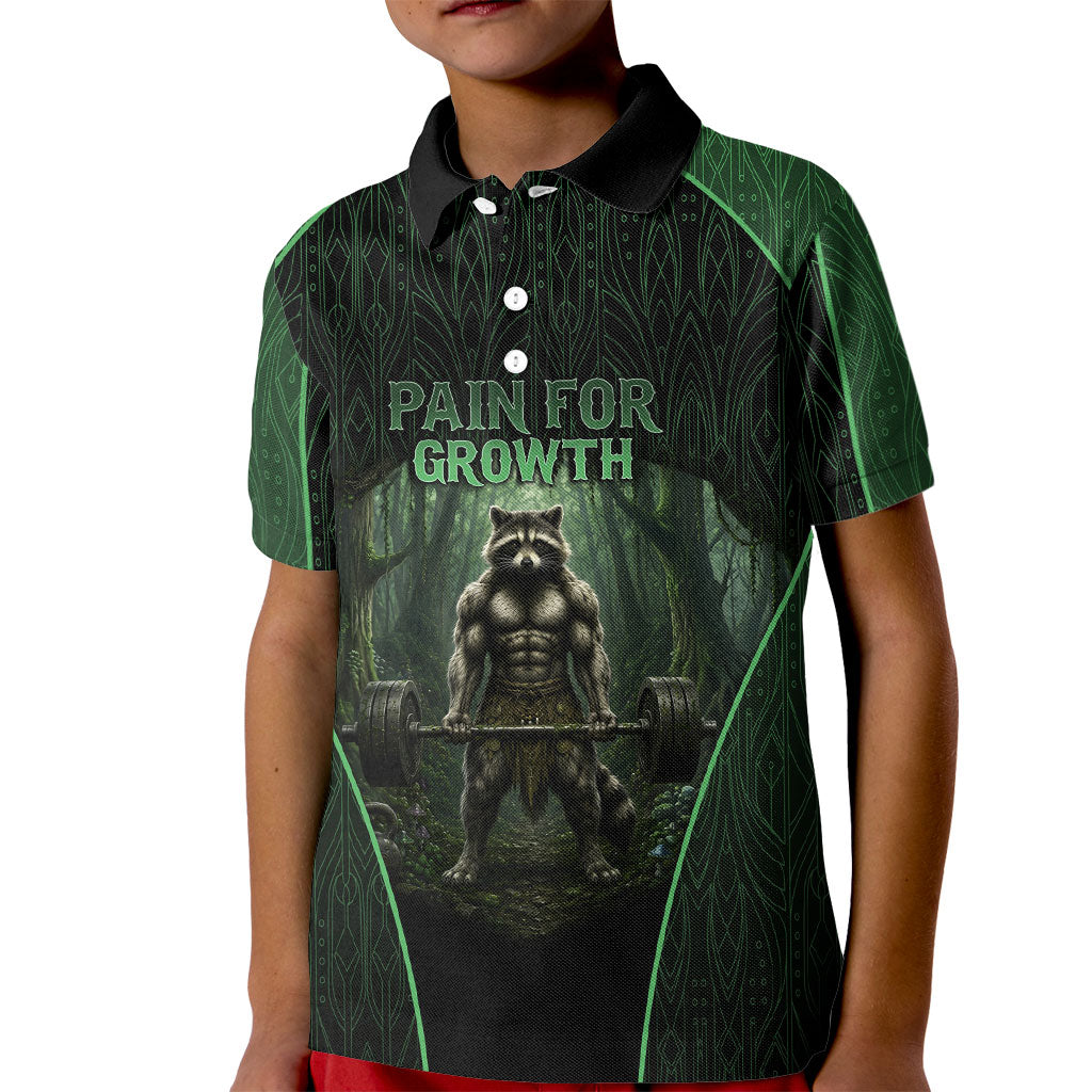 Personalized Muscular Raccoon Weightlifting Kid Polo Shirt Pain For Growth Dark Fantasy Gym Graphic