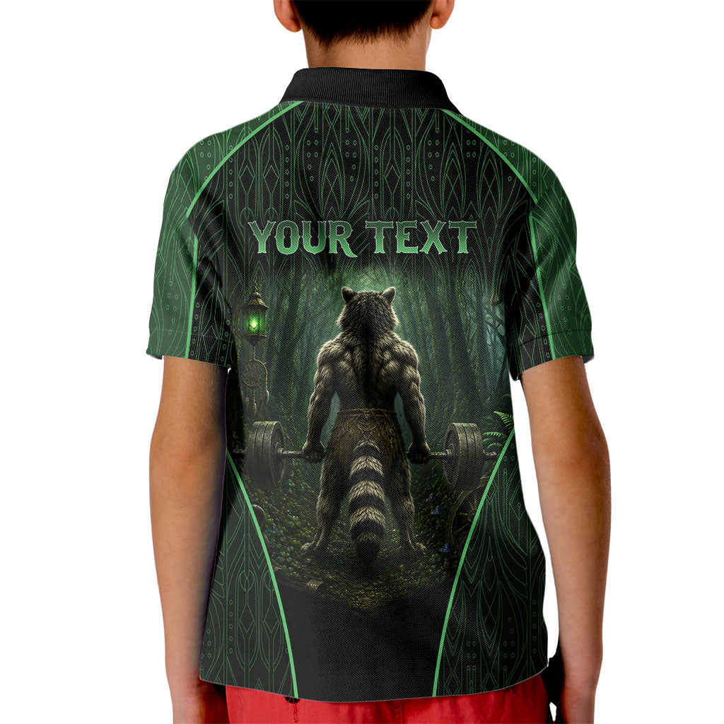 Personalized Muscular Raccoon Weightlifting Kid Polo Shirt Pain For Growth Dark Fantasy Gym Graphic