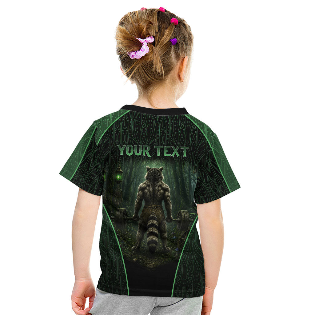 Personalized Muscular Raccoon Weightlifting Kid T Shirt Pain For Growth Dark Fantasy Gym Graphic