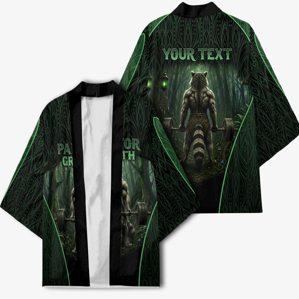 Personalized Muscular Raccoon Weightlifting Kimono Pain For Growth Dark Fantasy Gym Graphic