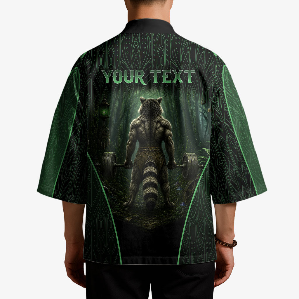 Personalized Muscular Raccoon Weightlifting Kimono Pain For Growth Dark Fantasy Gym Graphic