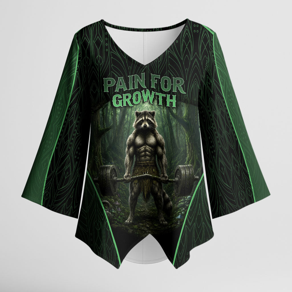 Personalized Muscular Raccoon Weightlifting Kimono Sleeve Blouse Pain For Growth Dark Fantasy Gym Graphic