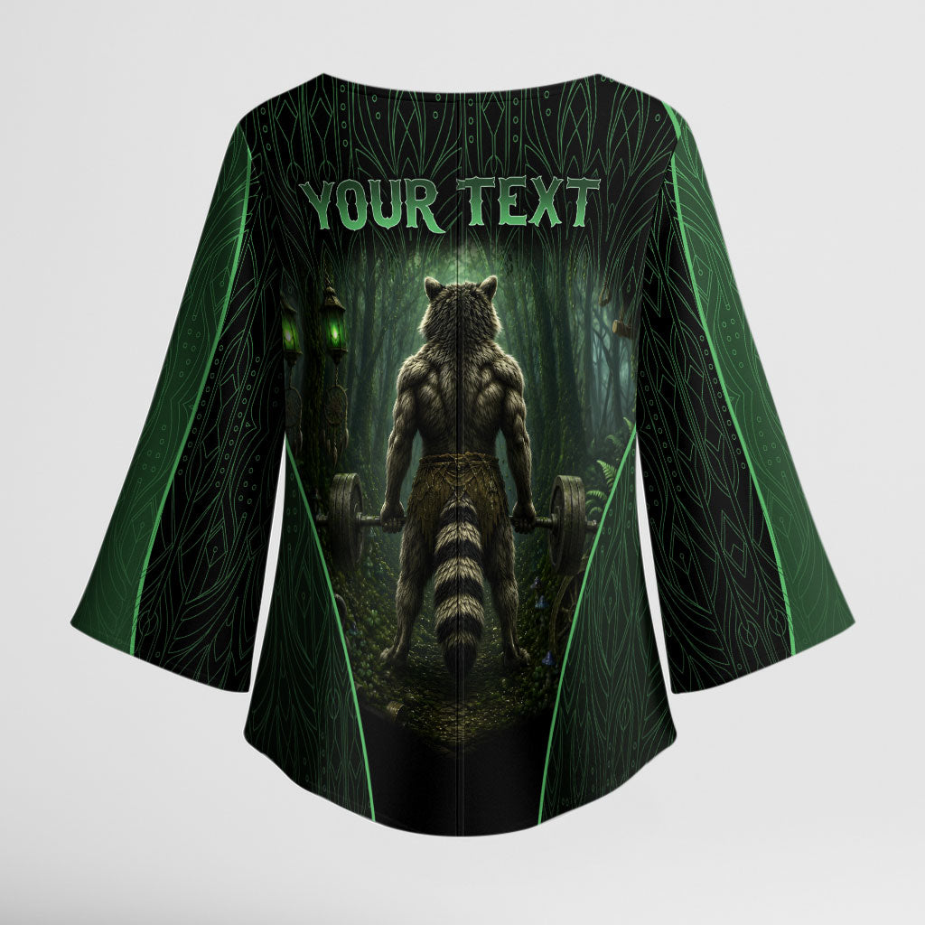 Personalized Muscular Raccoon Weightlifting Kimono Sleeve Blouse Pain For Growth Dark Fantasy Gym Graphic
