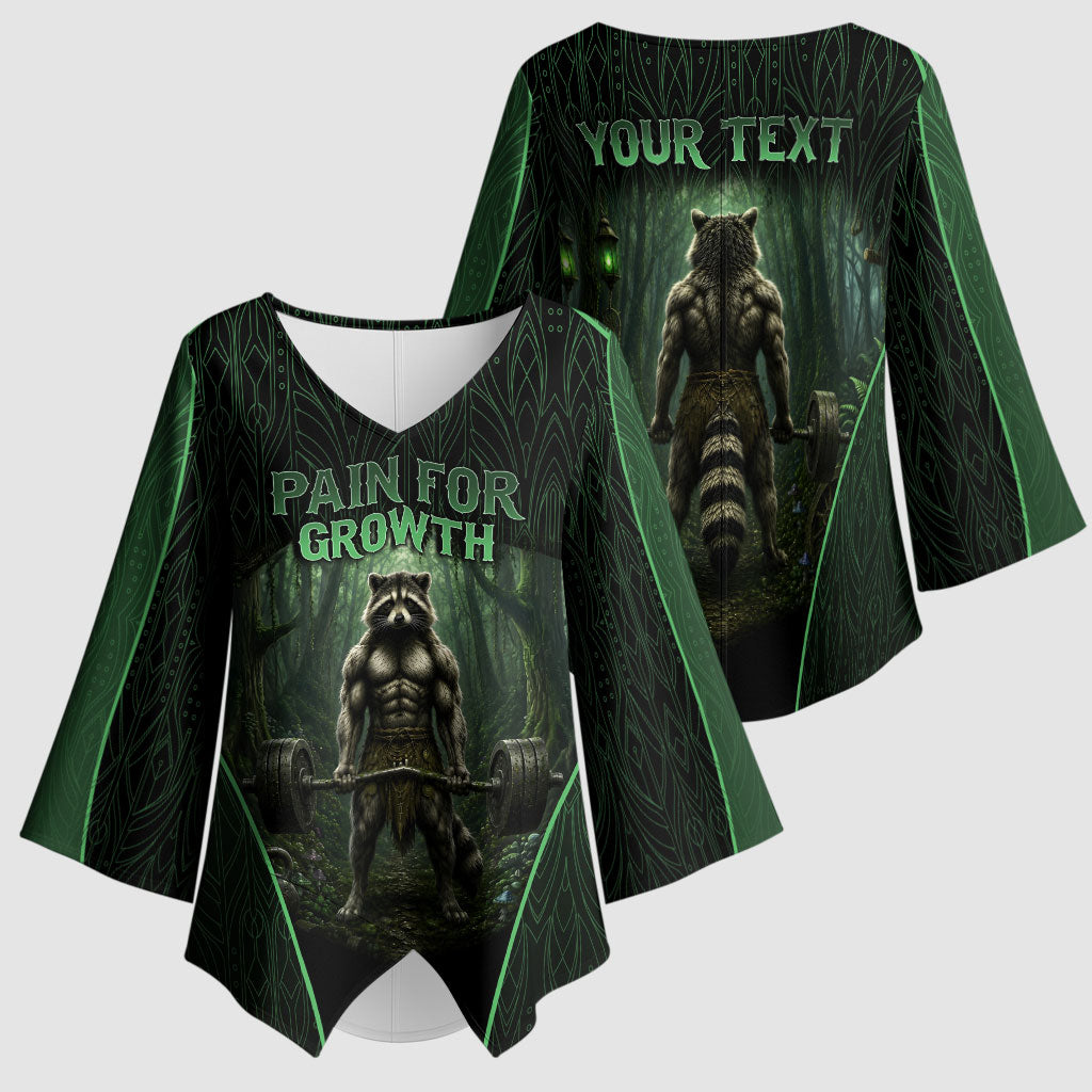 Personalized Muscular Raccoon Weightlifting Kimono Sleeve Blouse Pain For Growth Dark Fantasy Gym Graphic