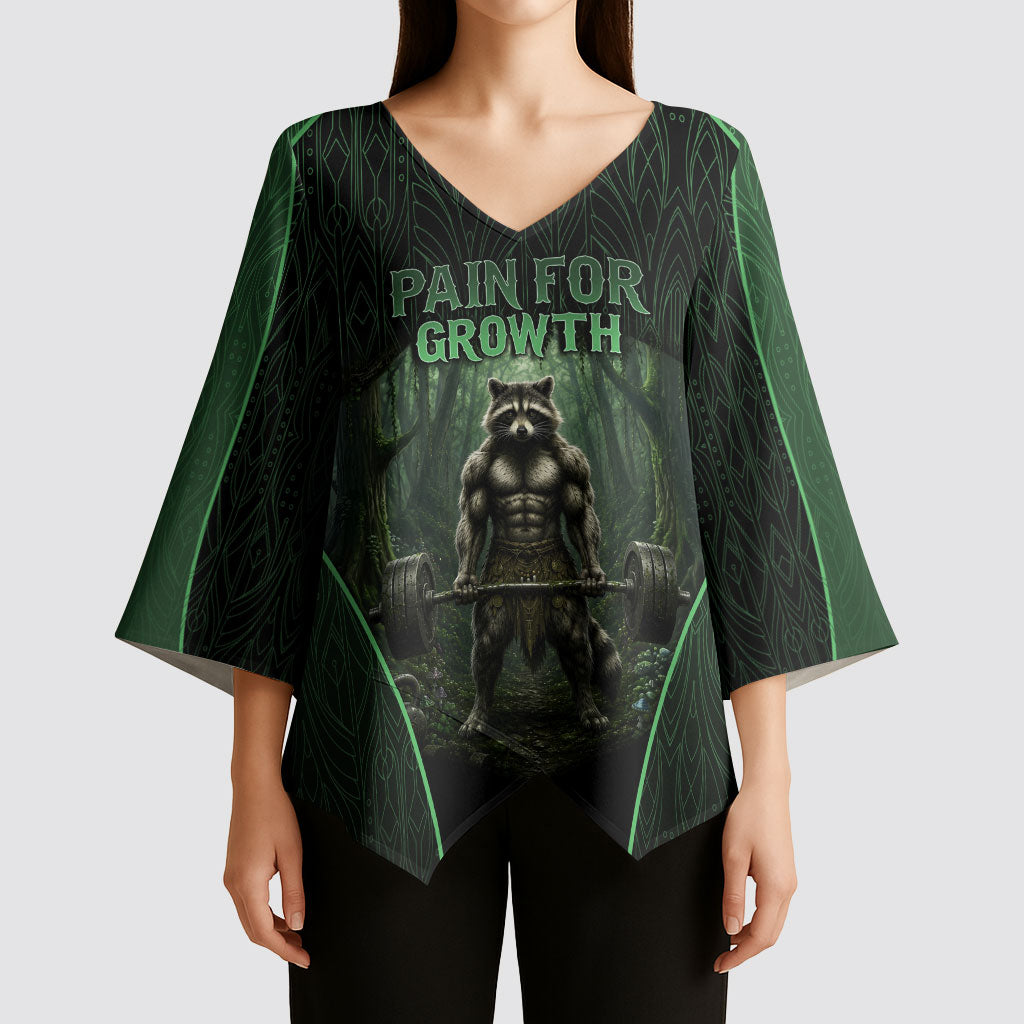 Personalized Muscular Raccoon Weightlifting Kimono Sleeve Blouse Pain For Growth Dark Fantasy Gym Graphic