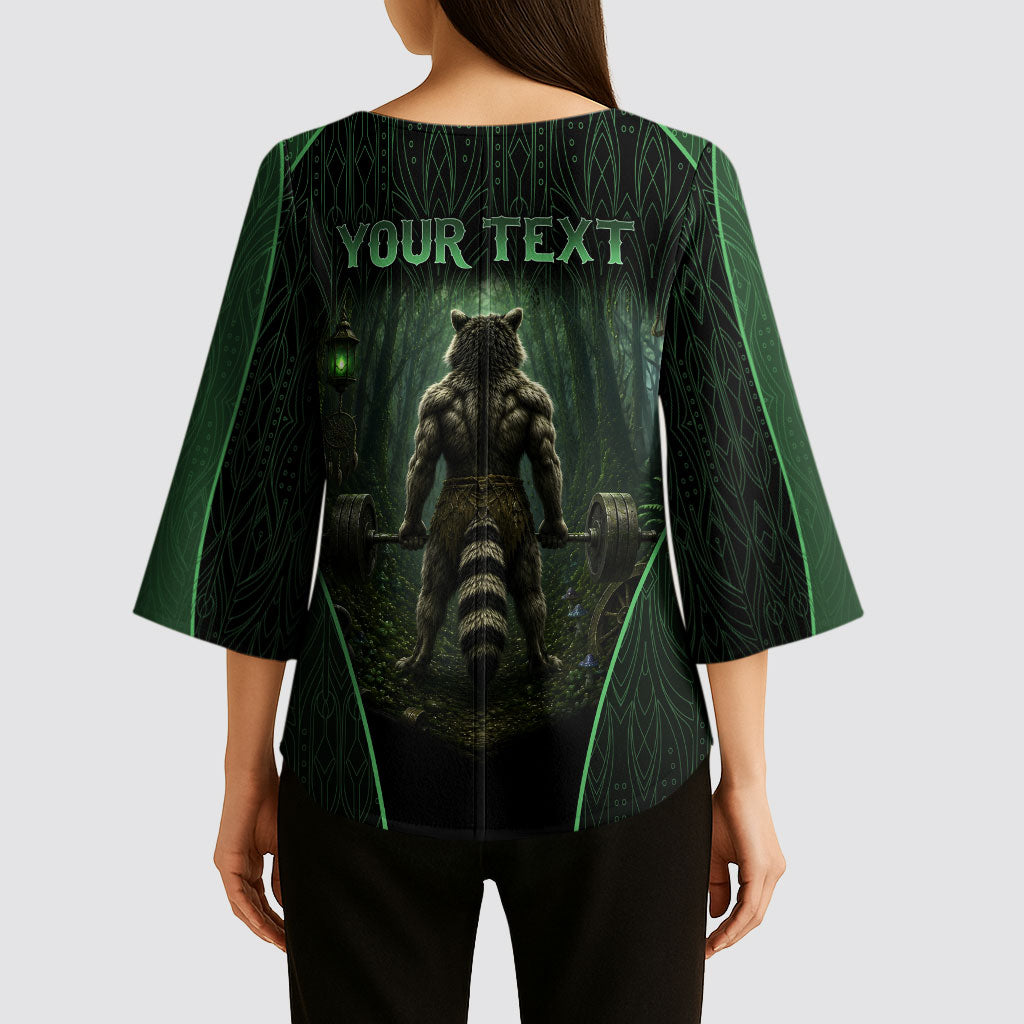 Personalized Muscular Raccoon Weightlifting Kimono Sleeve Blouse Pain For Growth Dark Fantasy Gym Graphic