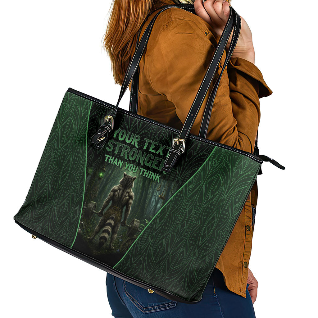 Personalized Muscular Raccoon Weightlifting Leather Tote Bag Pain For Growth Dark Fantasy Gym Graphic