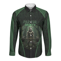 Personalized Muscular Raccoon Weightlifting Long Sleeve Button Shirt Pain For Growth Dark Fantasy Gym Graphic