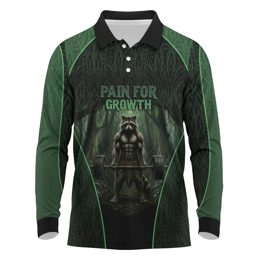 Personalized Muscular Raccoon Weightlifting Long Sleeve Polo Shirt Pain For Growth Dark Fantasy Gym Graphic