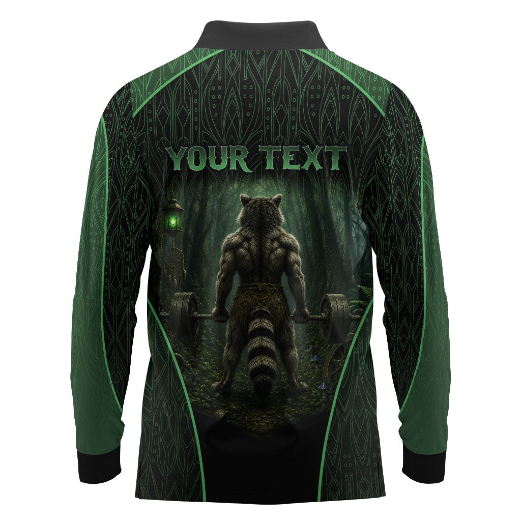 Personalized Muscular Raccoon Weightlifting Long Sleeve Polo Shirt Pain For Growth Dark Fantasy Gym Graphic