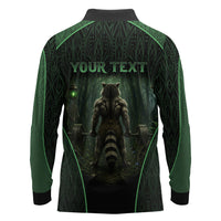 Personalized Muscular Raccoon Weightlifting Long Sleeve Polo Shirt Pain For Growth Dark Fantasy Gym Graphic