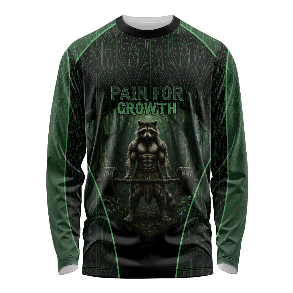 Personalized Muscular Raccoon Weightlifting Long Sleeve Shirt Pain For Growth Dark Fantasy Gym Graphic