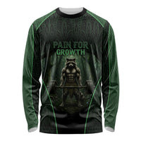 Personalized Muscular Raccoon Weightlifting Long Sleeve Shirt Pain For Growth Dark Fantasy Gym Graphic