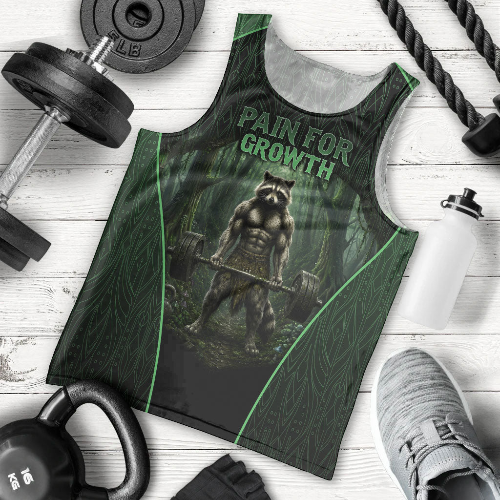 Personalized Muscular Raccoon Weightlifting Men Tank Top Pain For Growth Dark Fantasy Gym Graphic
