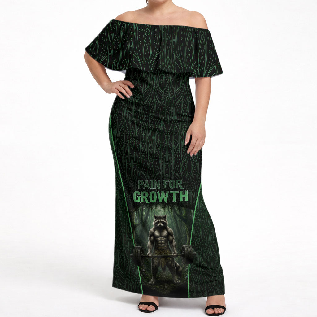 Personalized Muscular Raccoon Weightlifting Off Shoulder Maxi Dress Pain For Growth Dark Fantasy Gym Graphic