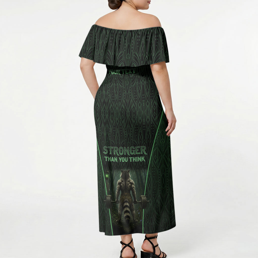 Personalized Muscular Raccoon Weightlifting Off Shoulder Maxi Dress Pain For Growth Dark Fantasy Gym Graphic