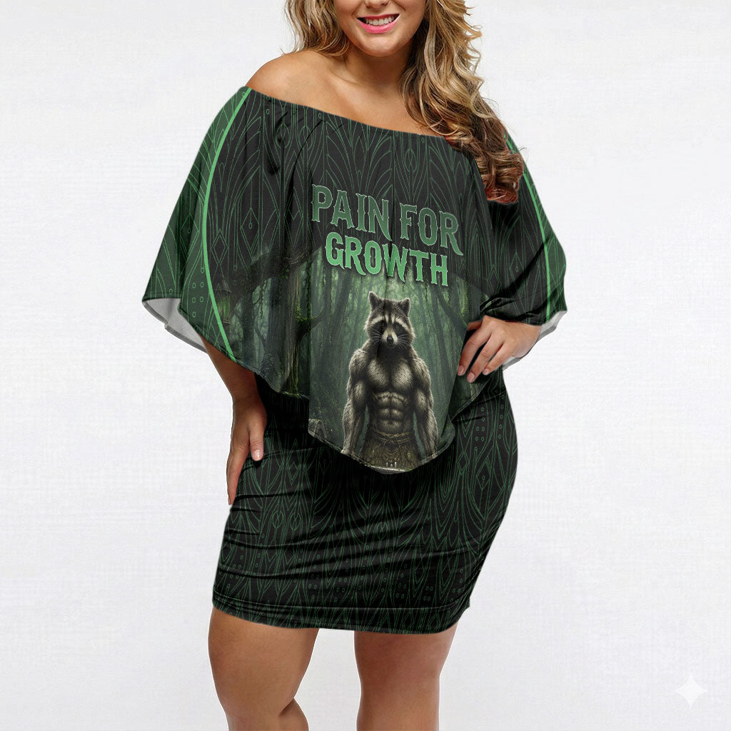 Personalized Muscular Raccoon Weightlifting Off Shoulder Short Dress Pain For Growth Dark Fantasy Gym Graphic