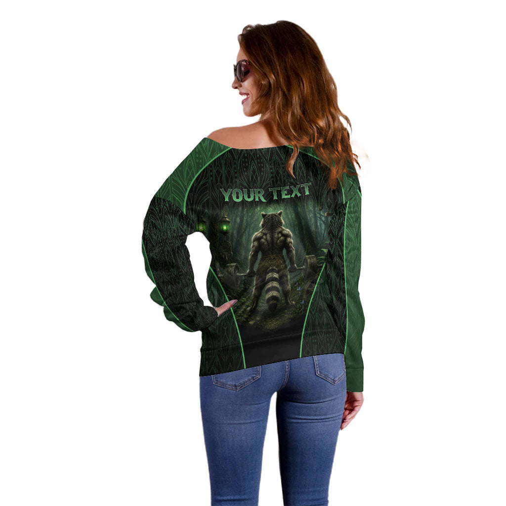 Personalized Muscular Raccoon Weightlifting Off Shoulder Sweater Pain For Growth Dark Fantasy Gym Graphic