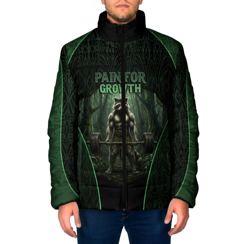 Personalized Muscular Raccoon Weightlifting Padded Jacket Pain For Growth Dark Fantasy Gym Graphic