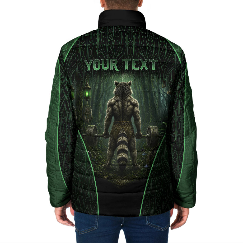 Personalized Muscular Raccoon Weightlifting Padded Jacket Pain For Growth Dark Fantasy Gym Graphic