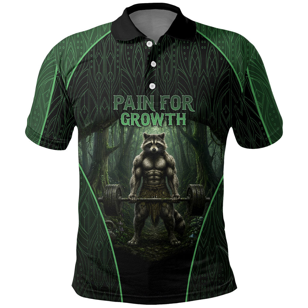Personalized Muscular Raccoon Weightlifting Polo Shirt Pain For Growth Dark Fantasy Gym Graphic