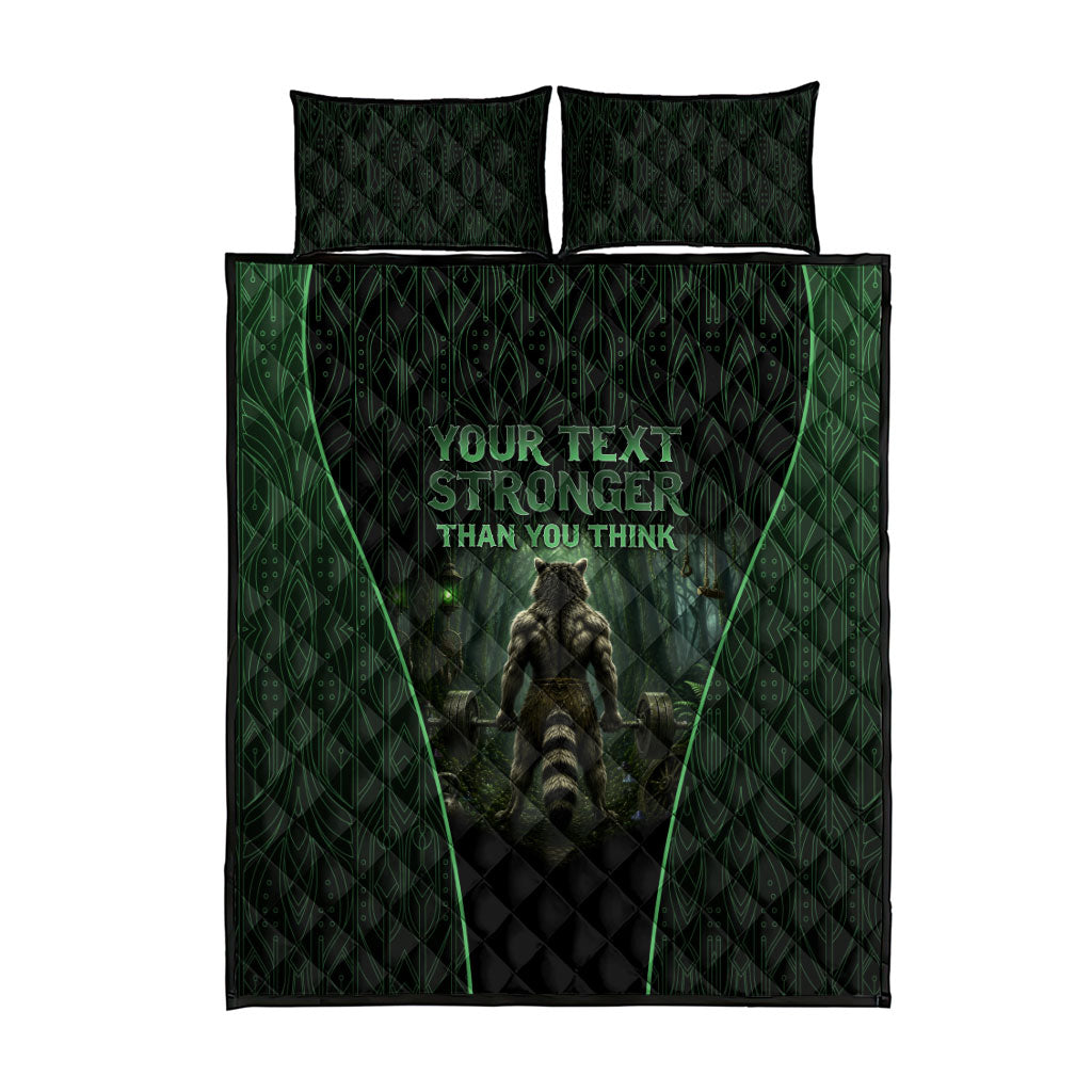 Personalized Muscular Raccoon Weightlifting Quilt Bed Set Pain For Growth Dark Fantasy Gym Graphic