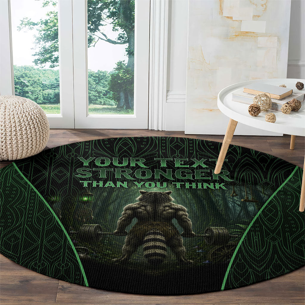 Personalized Muscular Raccoon Weightlifting Round Carpet Pain For Growth Dark Fantasy Gym Graphic
