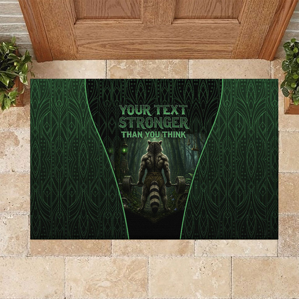 Personalized Muscular Raccoon Weightlifting Rubber Doormat Pain For Growth Dark Fantasy Gym Graphic