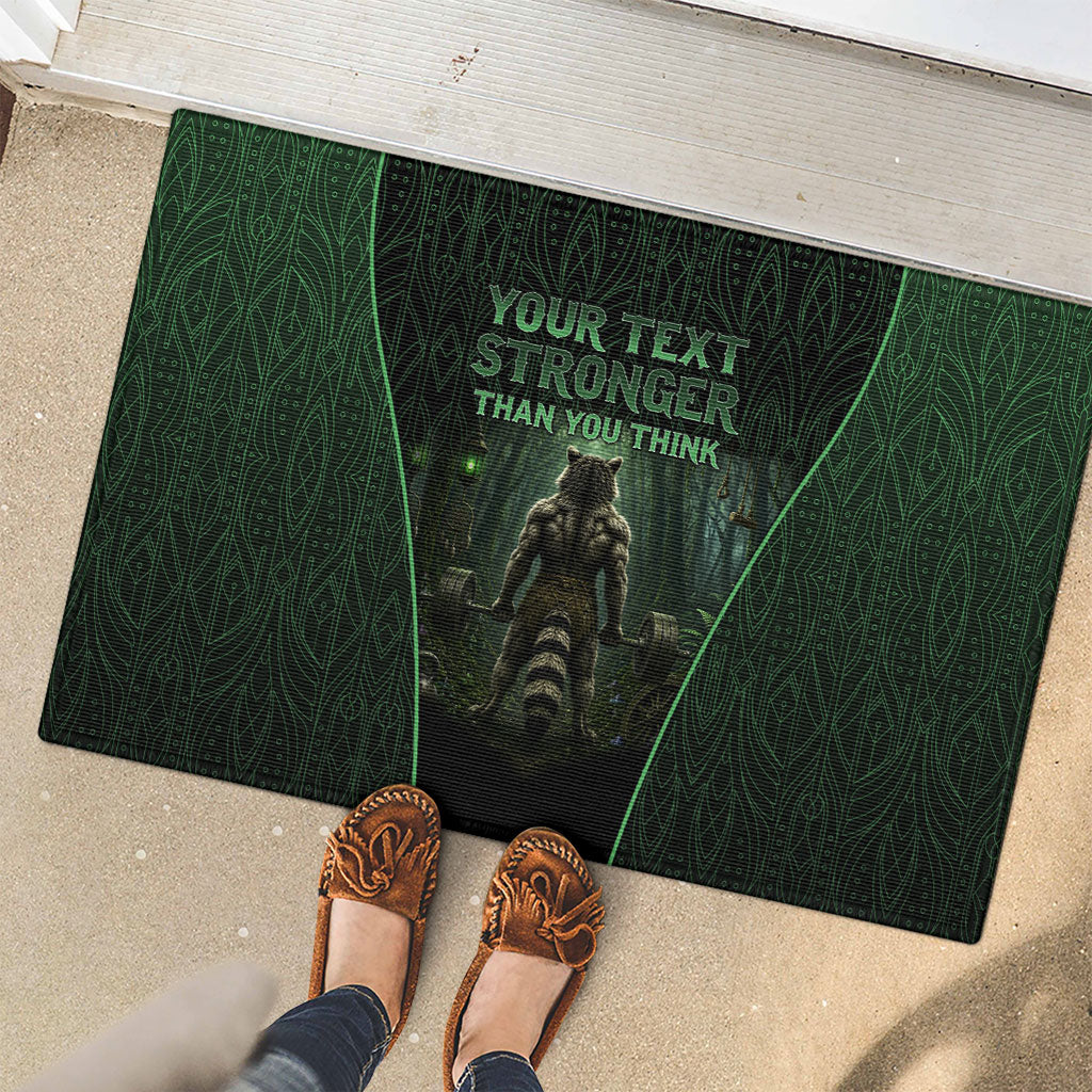 Personalized Muscular Raccoon Weightlifting Rubber Doormat Pain For Growth Dark Fantasy Gym Graphic