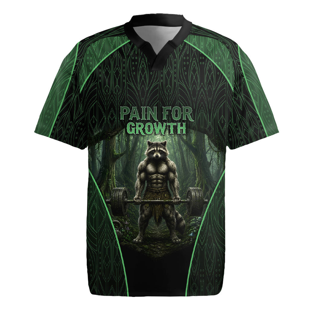 Personalized Muscular Raccoon Weightlifting Rugby Jersey Pain For Growth Dark Fantasy Gym Graphic