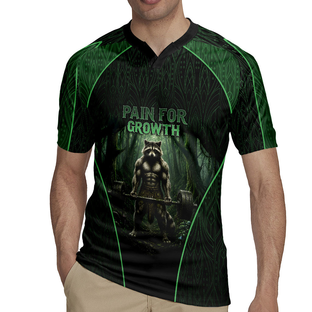 Personalized Muscular Raccoon Weightlifting Rugby Jersey Pain For Growth Dark Fantasy Gym Graphic