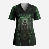 Personalized Muscular Raccoon Weightlifting Scrub Top Pain For Growth Dark Fantasy Gym Graphic