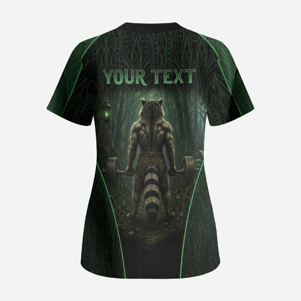 Personalized Muscular Raccoon Weightlifting Scrub Top Pain For Growth Dark Fantasy Gym Graphic