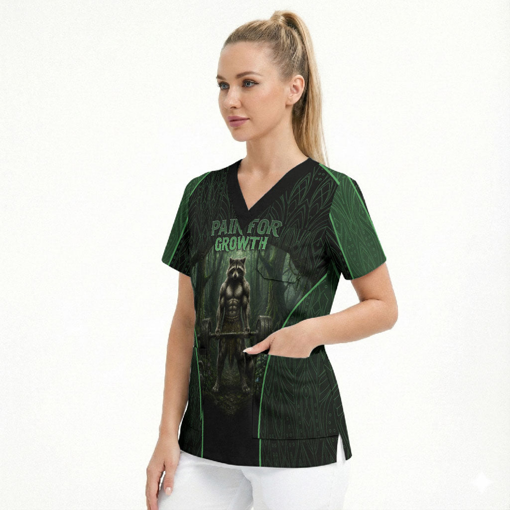 Personalized Muscular Raccoon Weightlifting Scrub Top Pain For Growth Dark Fantasy Gym Graphic